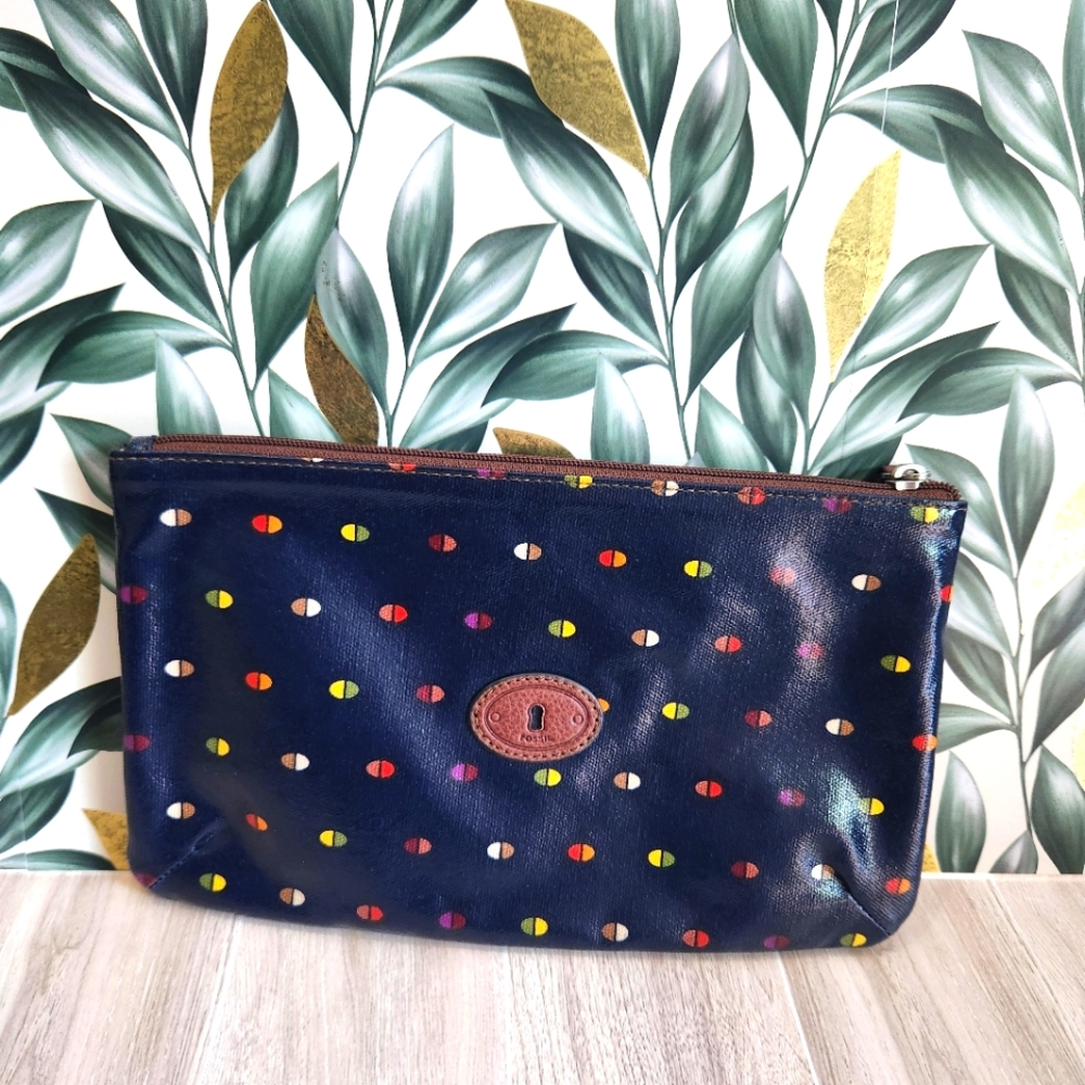 Fossil KEY-PER  Coated Canvas Clutch Purse Navy Blue Cosmetic Zipper Accessories